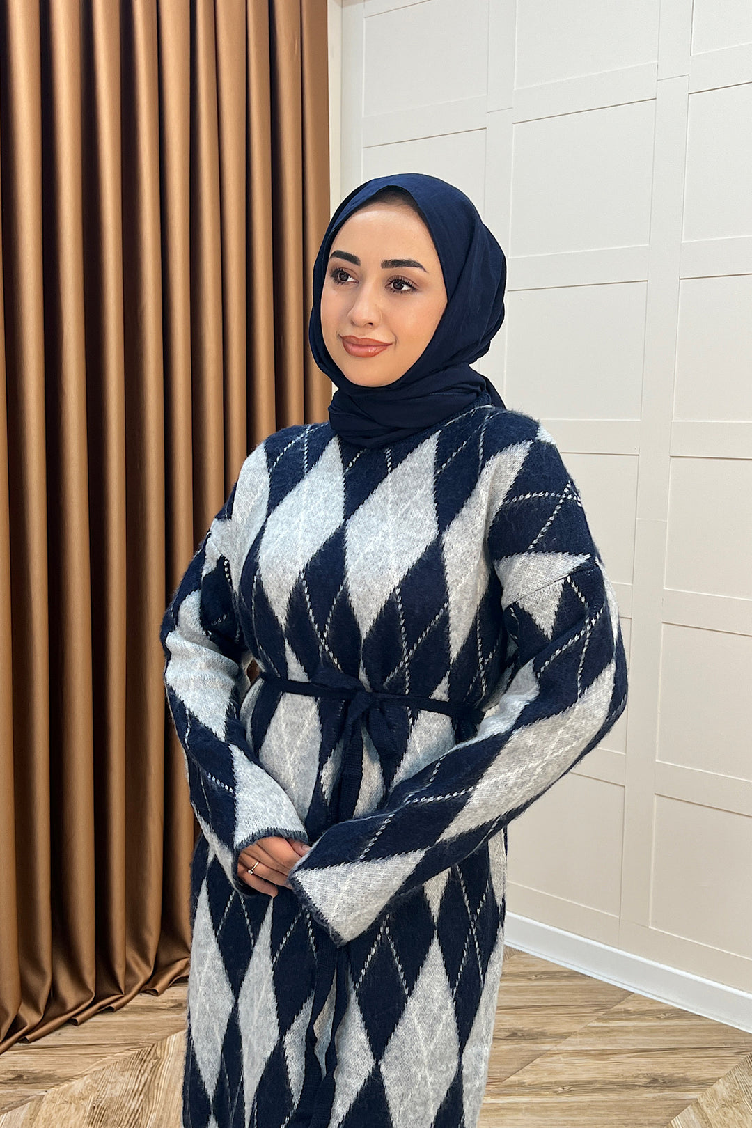 Baklava Desenli Triko Elbise Lacivert 241300-LACIVERT