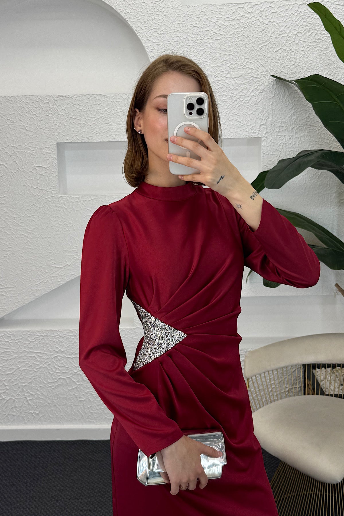 Yanı Taşlı Saten Abiye Bordo 04898-BORDO