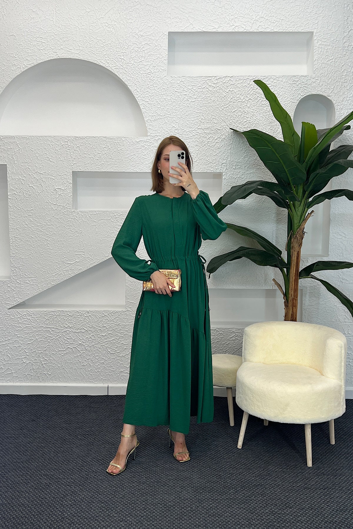 Beli Lastikli Linda Elbise Yeşil 3852-YESIL