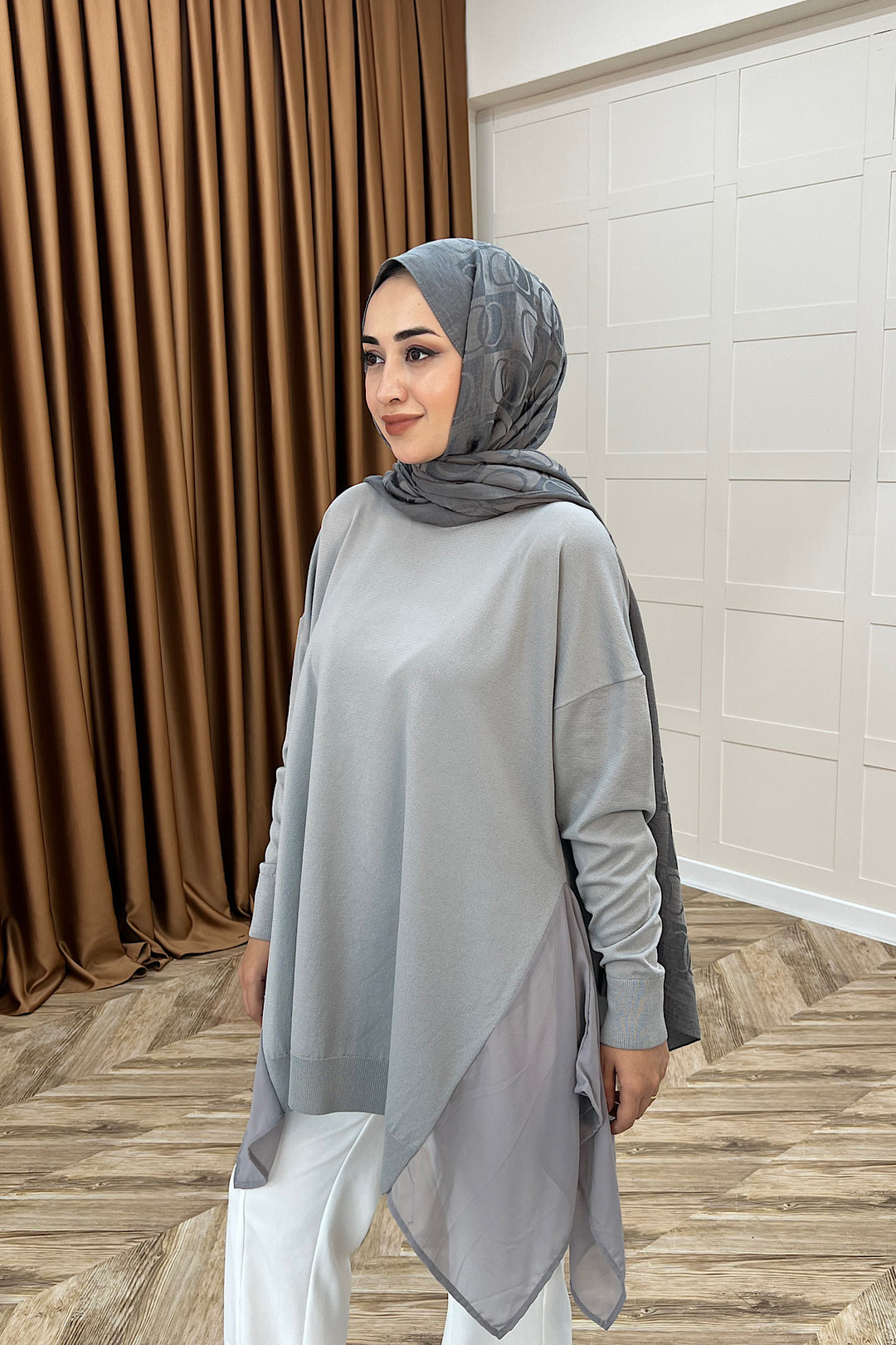 Hüda Şifon Detaylı Triko Tunik Gri 24290-GRI