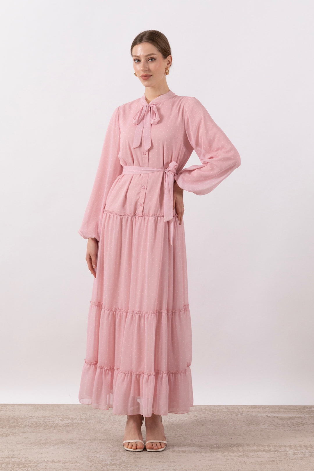 Lena Puantiyeli Şifon Elbise Pembe 3036-PEMBE
