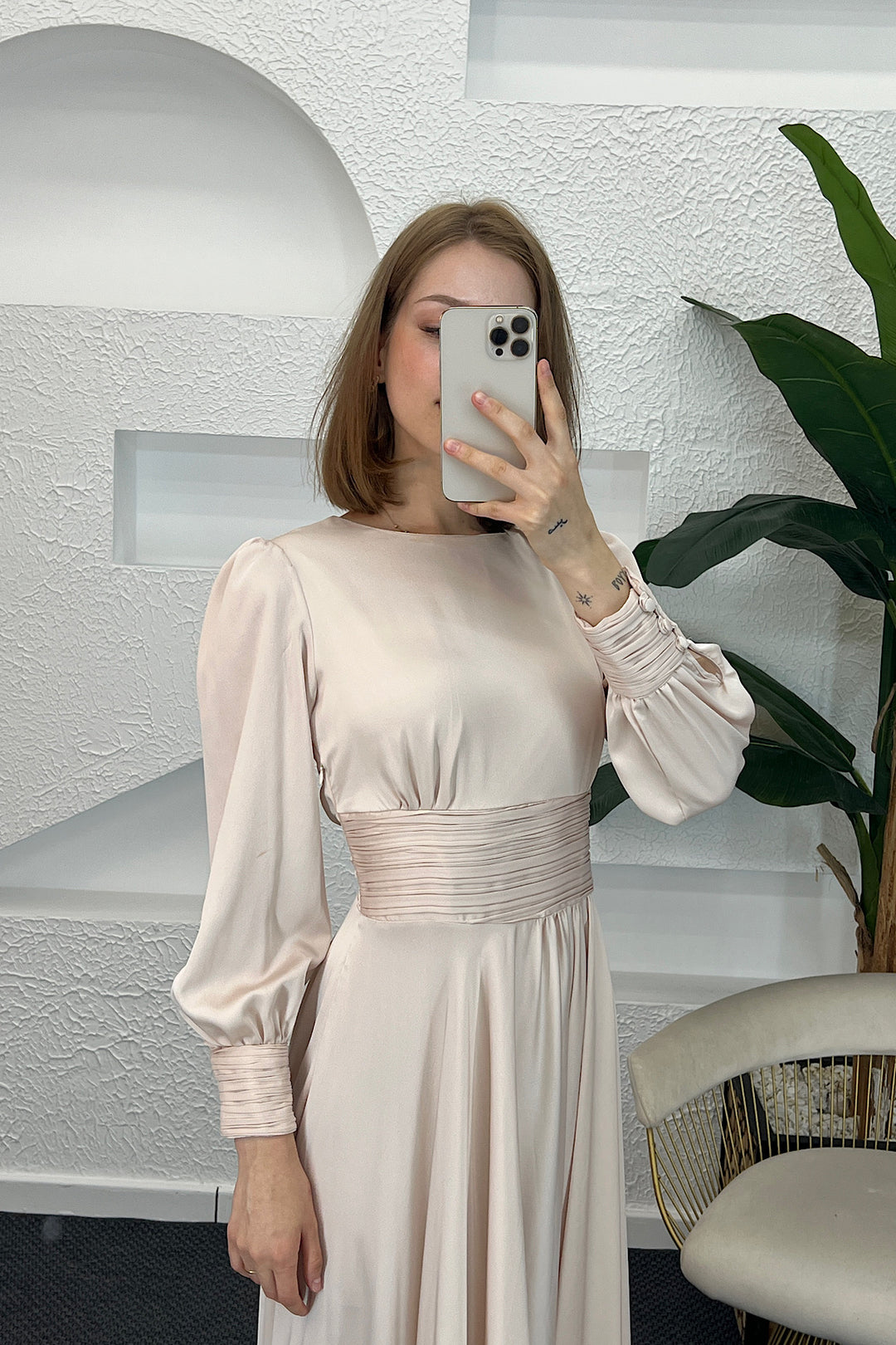 Beli Piliseli Saten Abiye Krem 04340-KREM