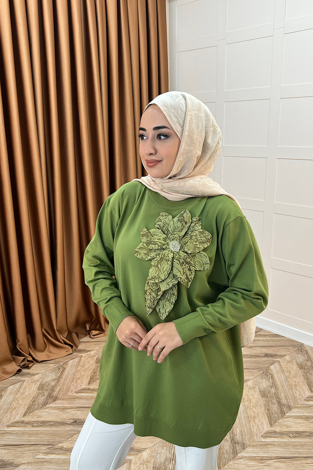 Merserize Çiçekli Triko Tunik Yeşil 2550-YEŞİL