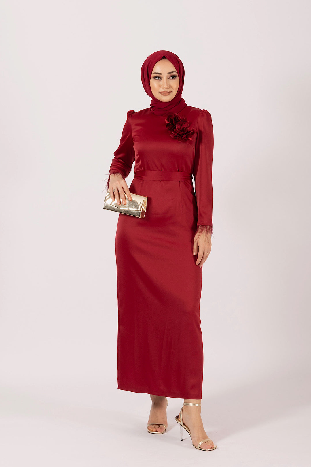 Broş Detay Saten Abiye Bordo 4892-BORDO