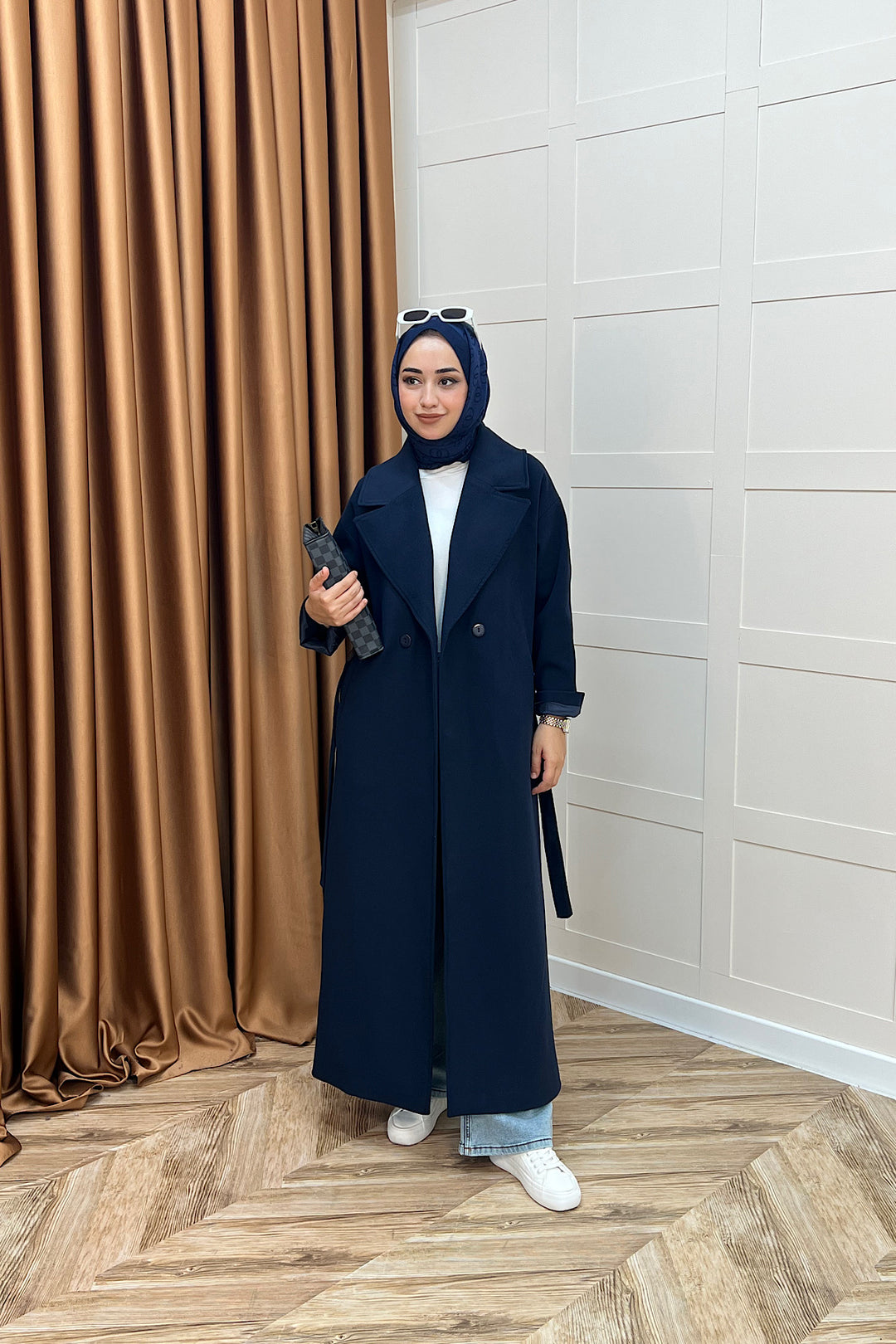 Retro Premium Kumaş Uzun Kaşe Kaban Lacivert 5509-LACIVERT