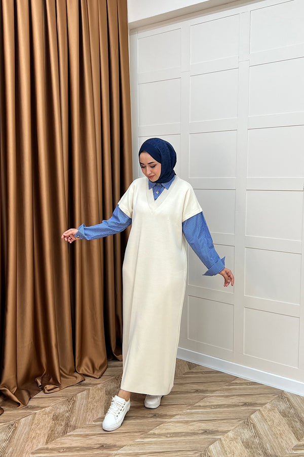 Samira Gömlek Detaylı Triko Elbise Krem 241110-KREM