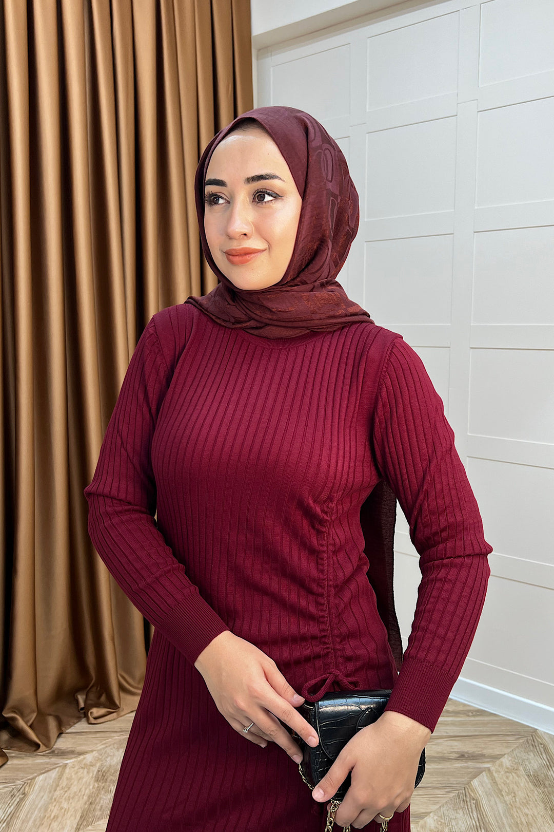 Yandan Büzgülü Triko Elbise Bordo 24870-BORDO