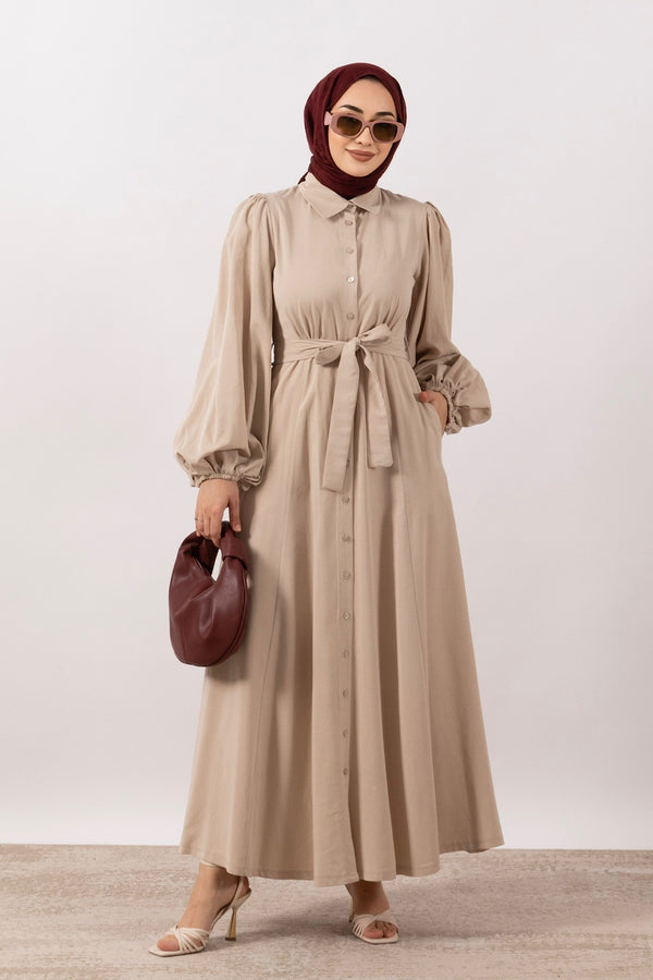 Boydan Düğmeli Keten Elbise Taş 3045-TAS