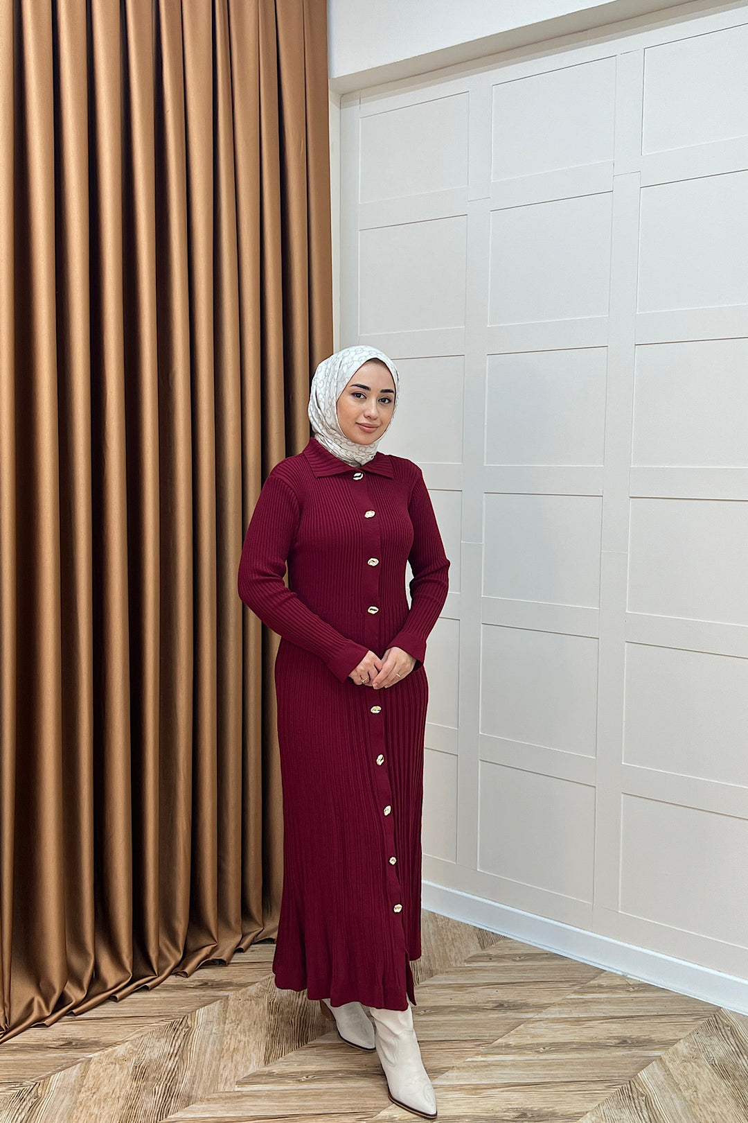 Endam Düğmeli Triko Elbise Bordo 10201-BORDO