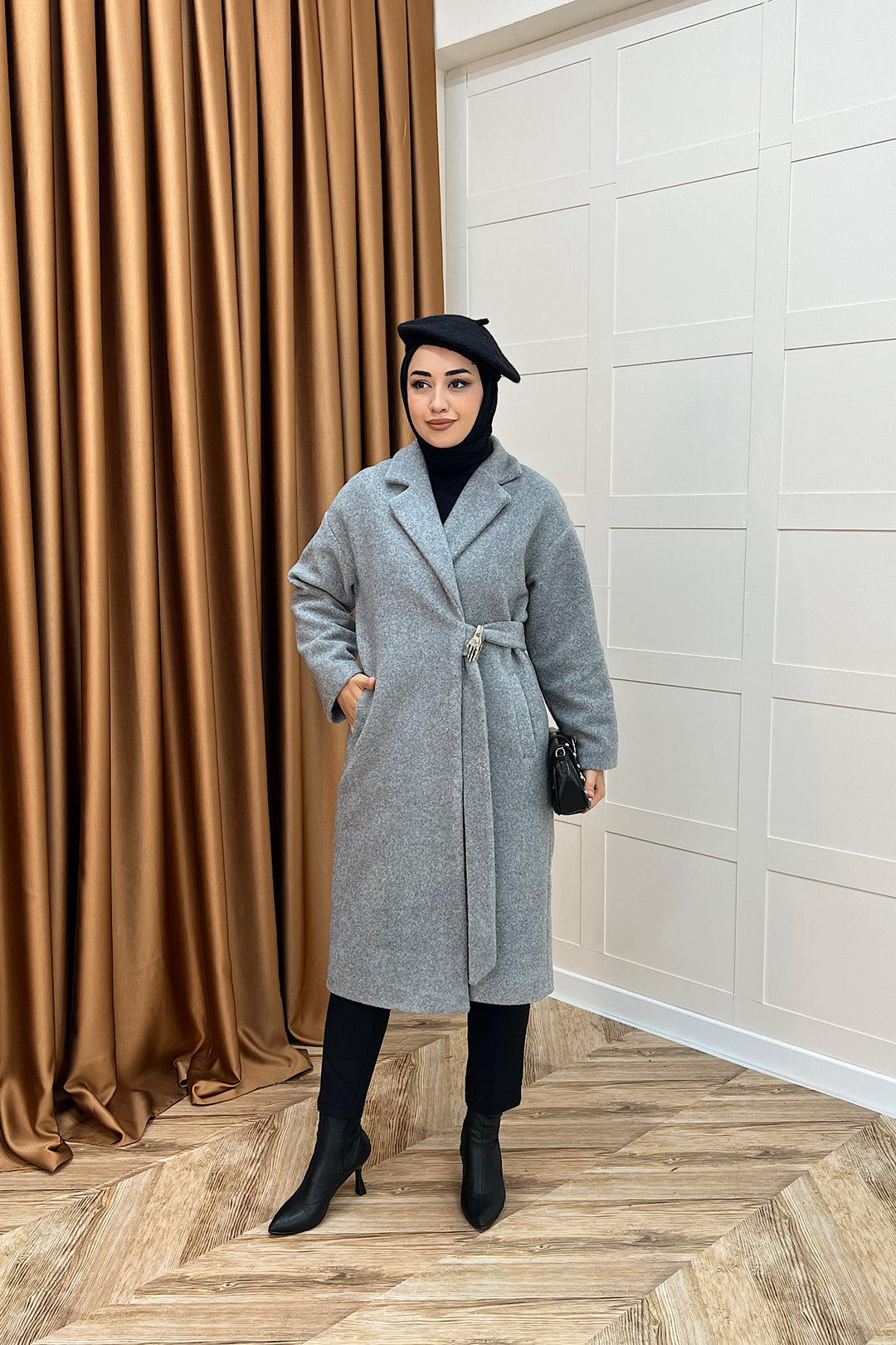 Yaren Premium Kumaş Broş Detay Kaban Gri 5511-GRI