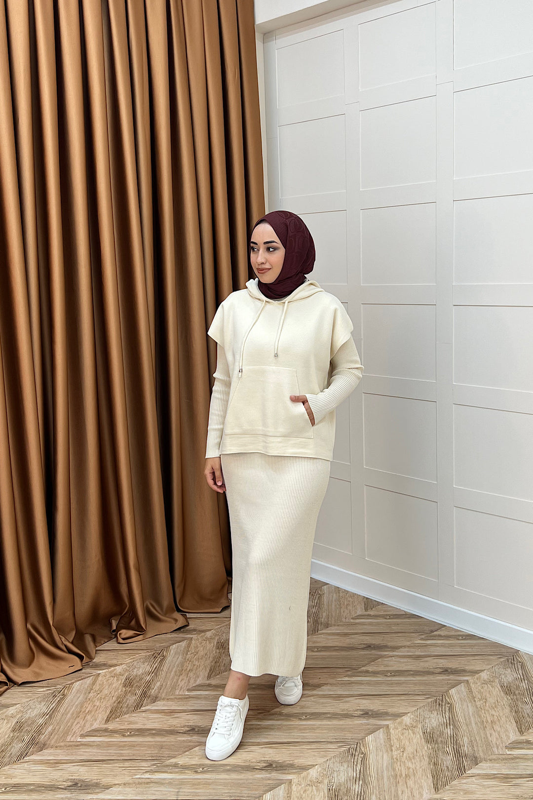 Üst Kapüşonlu İkili Triko Elbise Krem 25290-KREM