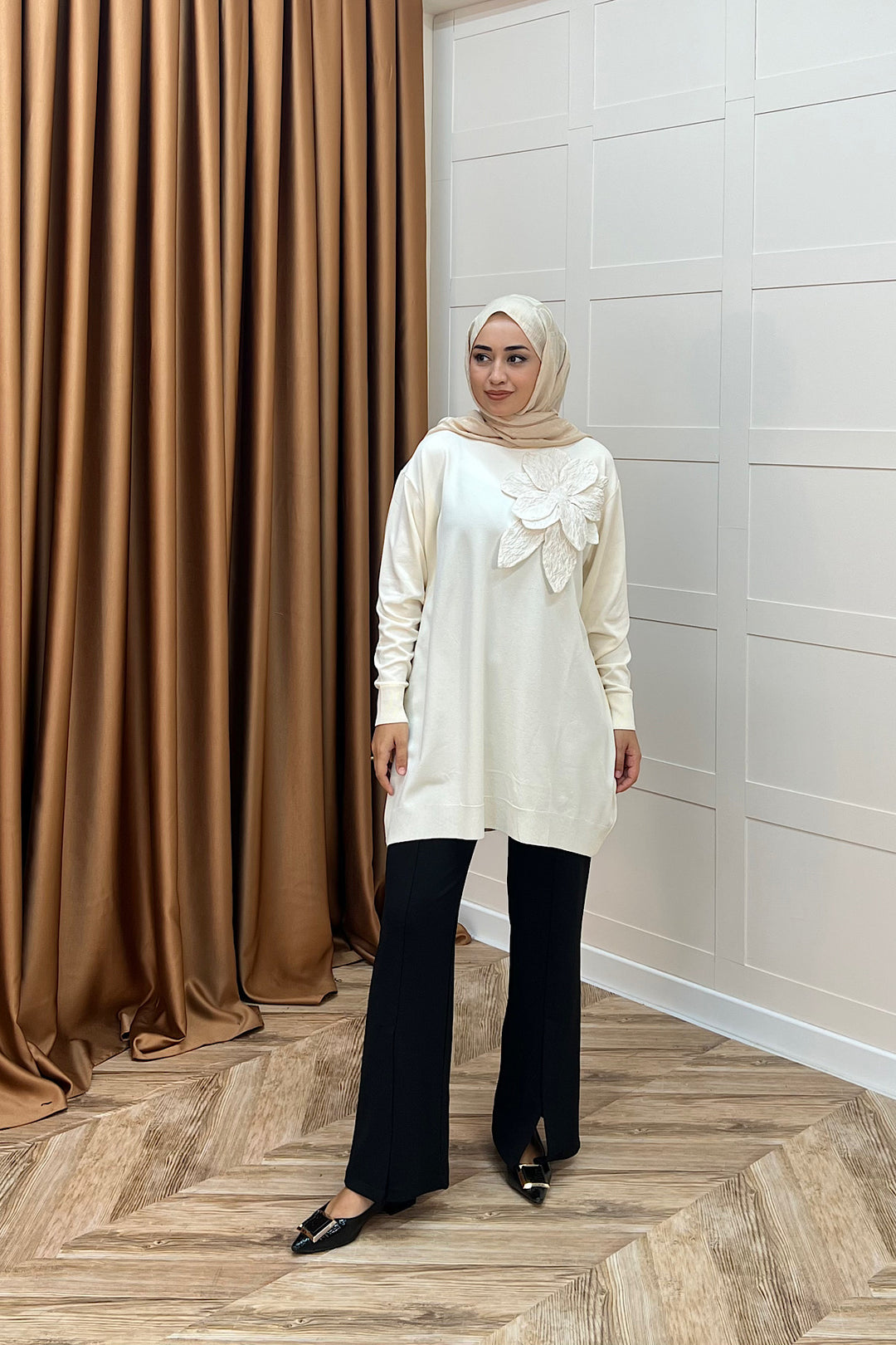 Merserize Çiçekli Triko Tunik Krem 2550-KREM