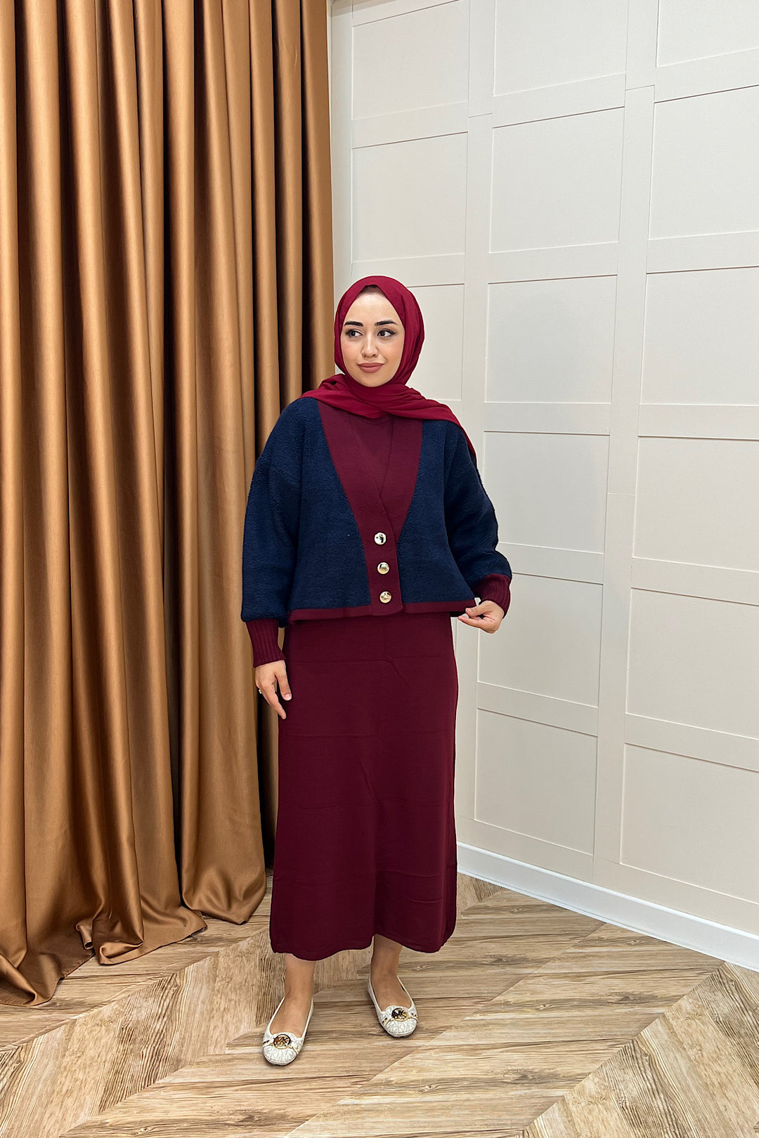 Sezen İkili Triko Elbise Bordo 241090-BORDO