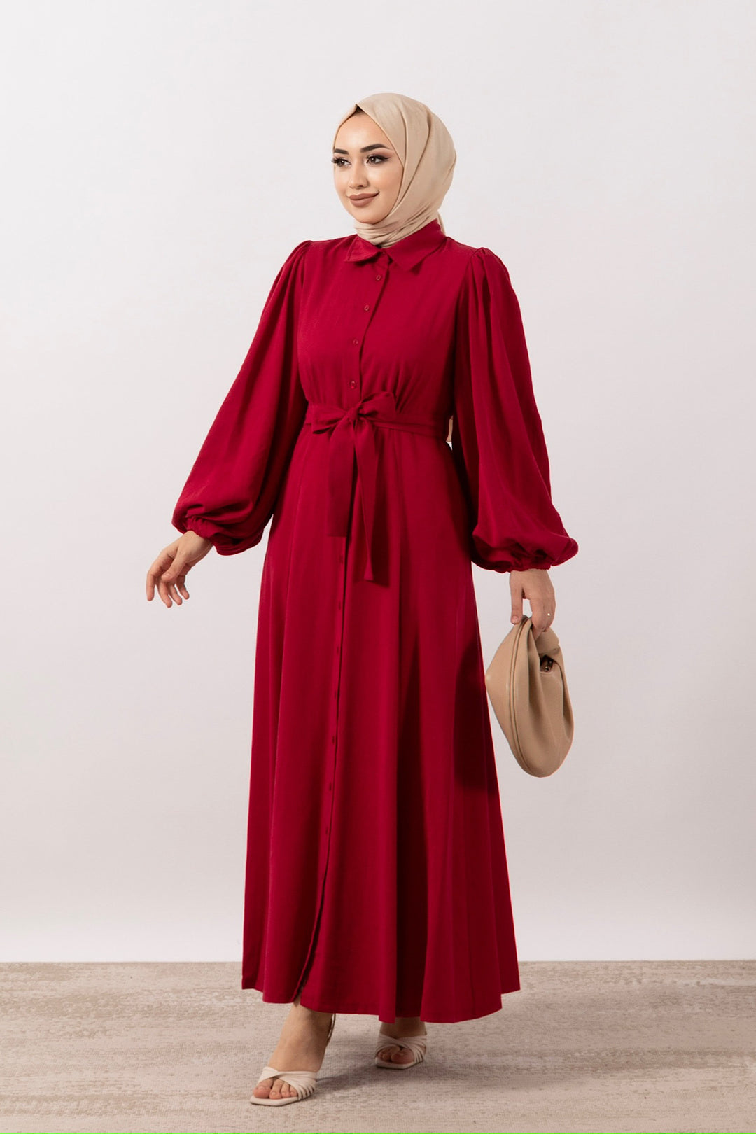 Boydan Düğmeli Keten Elbise Kırmızı 3045-KIRMIZI