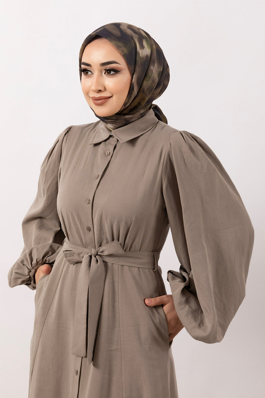 Boydan Düğmeli Keten Elbise Açık Kahverengi 3045-ACIKKAHVERENGI