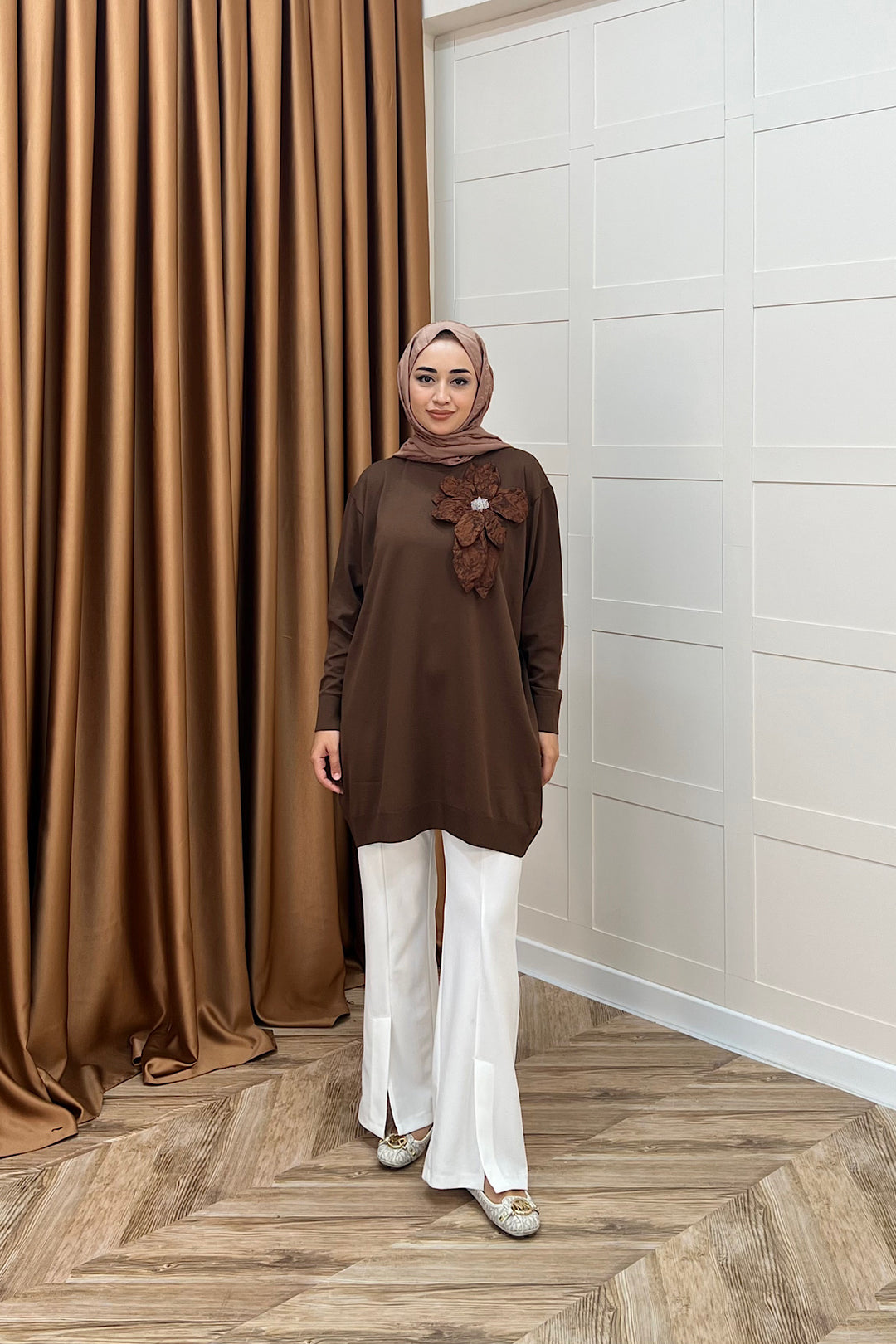 Merserize Çiçekli Triko Tunik Kahverengi 2550-KAHVERENGI