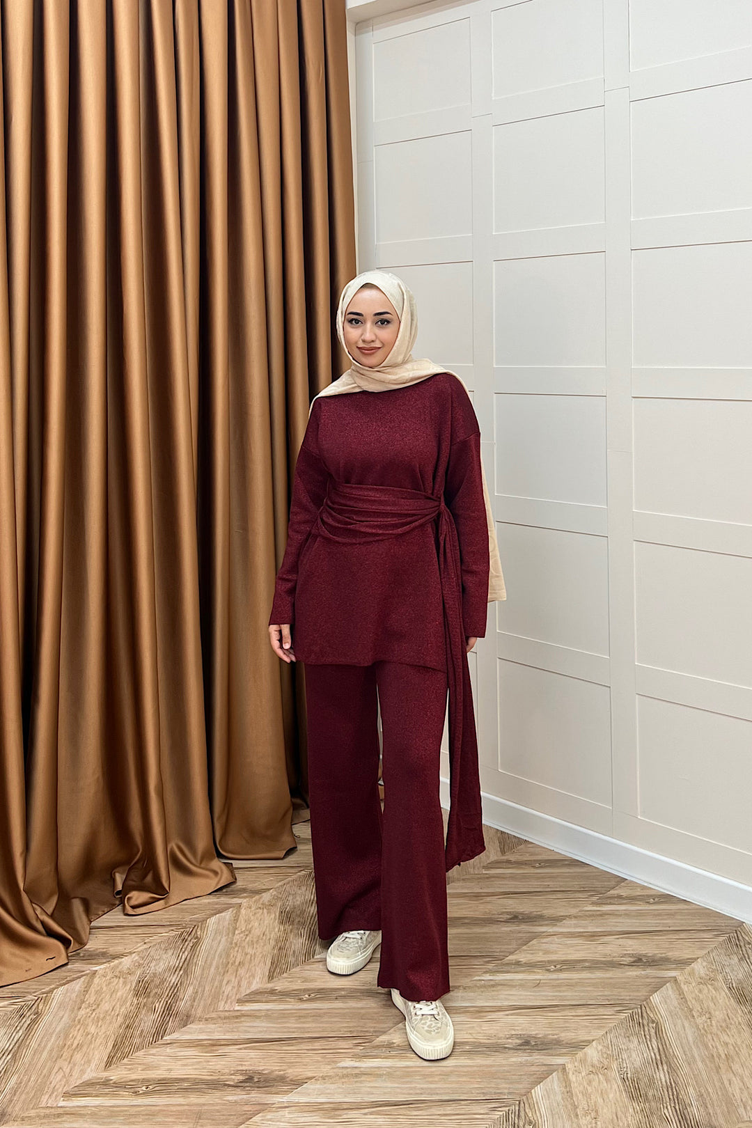 Yakamoz Şal Detay Simli Triko Takım Bordo 25280-BORDO