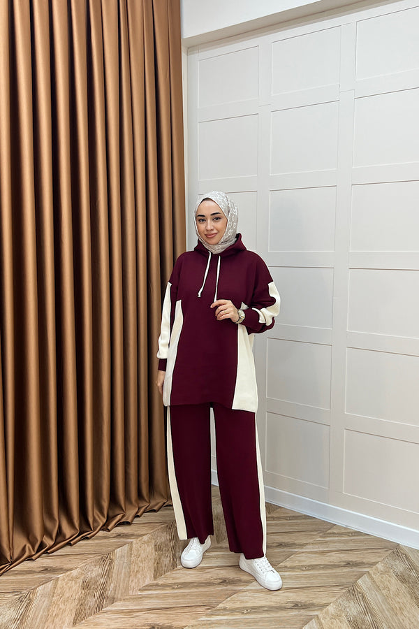Lapis Çizgili Kapüşonlu Triko Takım Bordo 241210-BORDO