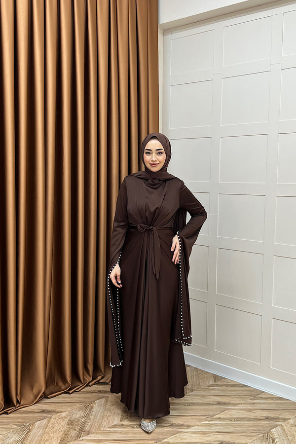 Lyon İnci Detay Abiye Kahverengi 3079-KAHVERENGI