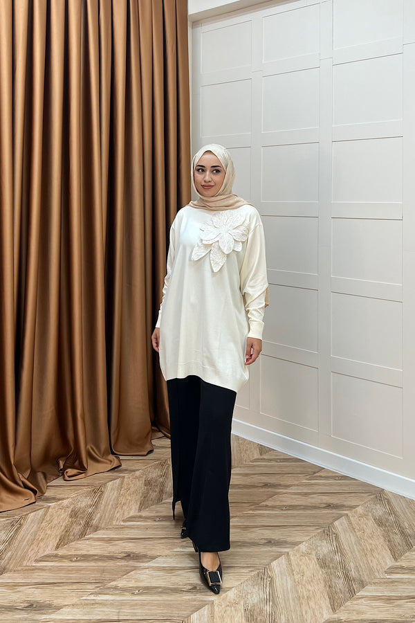 Merserize Çiçekli Triko Tunik Krem 2550-KREM