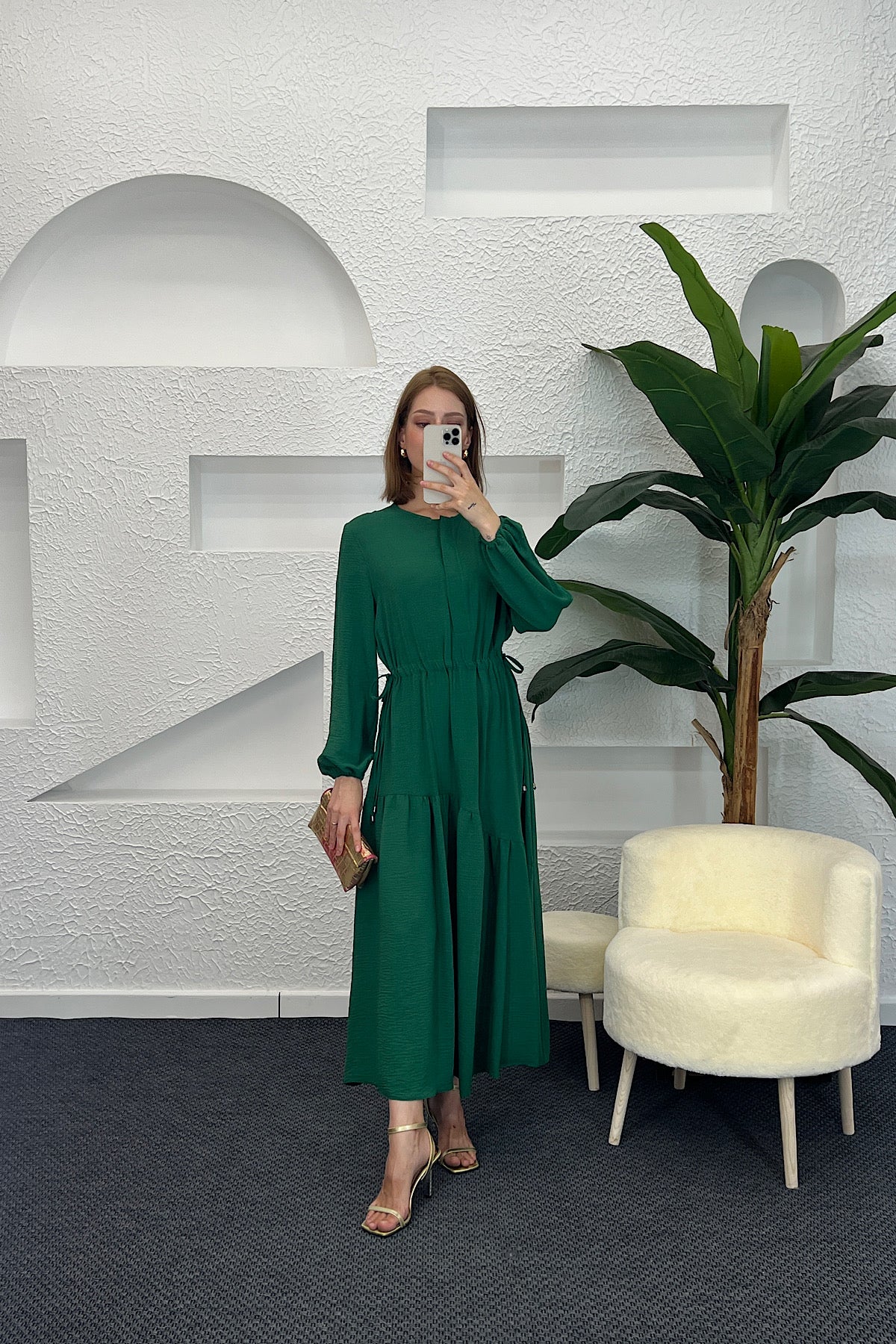Beli Lastikli Linda Elbise Yeşil 3852-YESIL