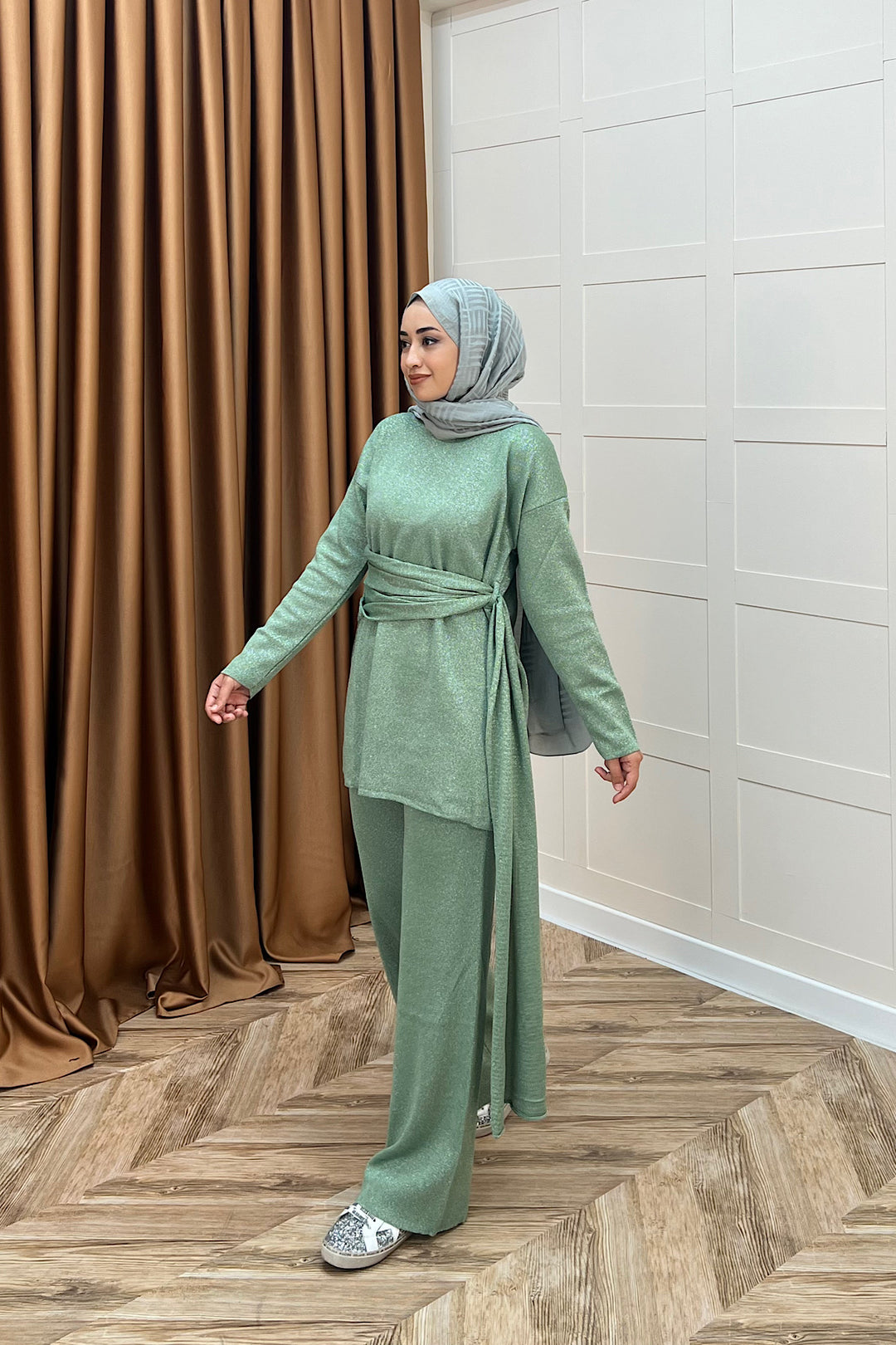 Yakamoz Şal Detay Simli Triko Takım Mint 25280-MINT