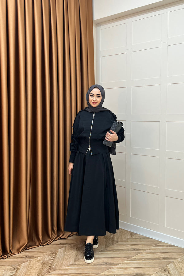 Mabella Çift Fermuarlı Etek Takım Siyah 2000-SIYAH