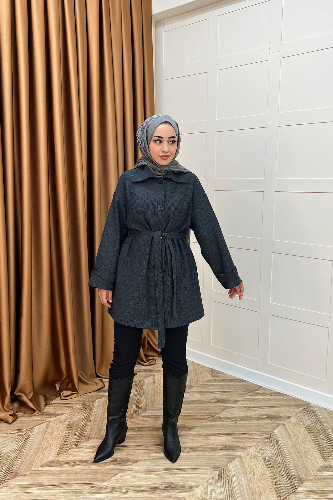 Bensu Kuşaklı Kaşe Kaban Siyah 5518-SIYAH