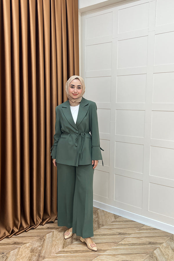 Kuşak Detay Ceket Takım Yeşil 5004-YESIL