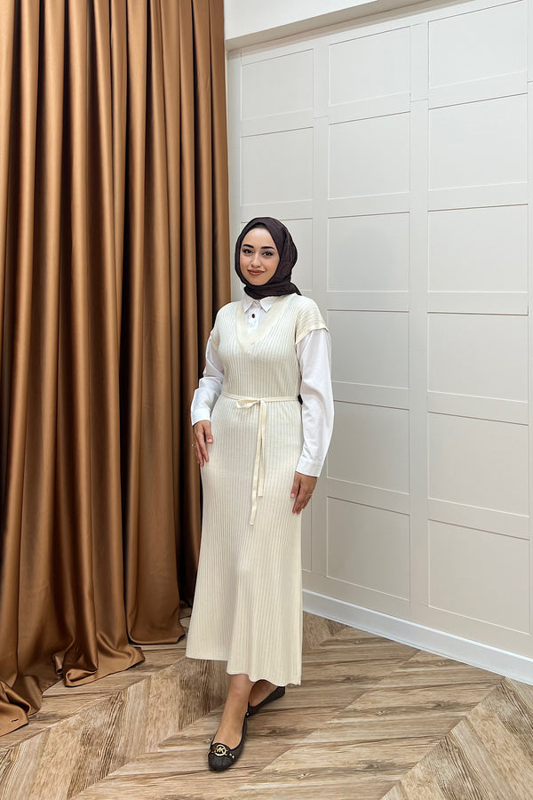 Kol Yaka Gömlekli Triko Elbise Taş 25120-TAS