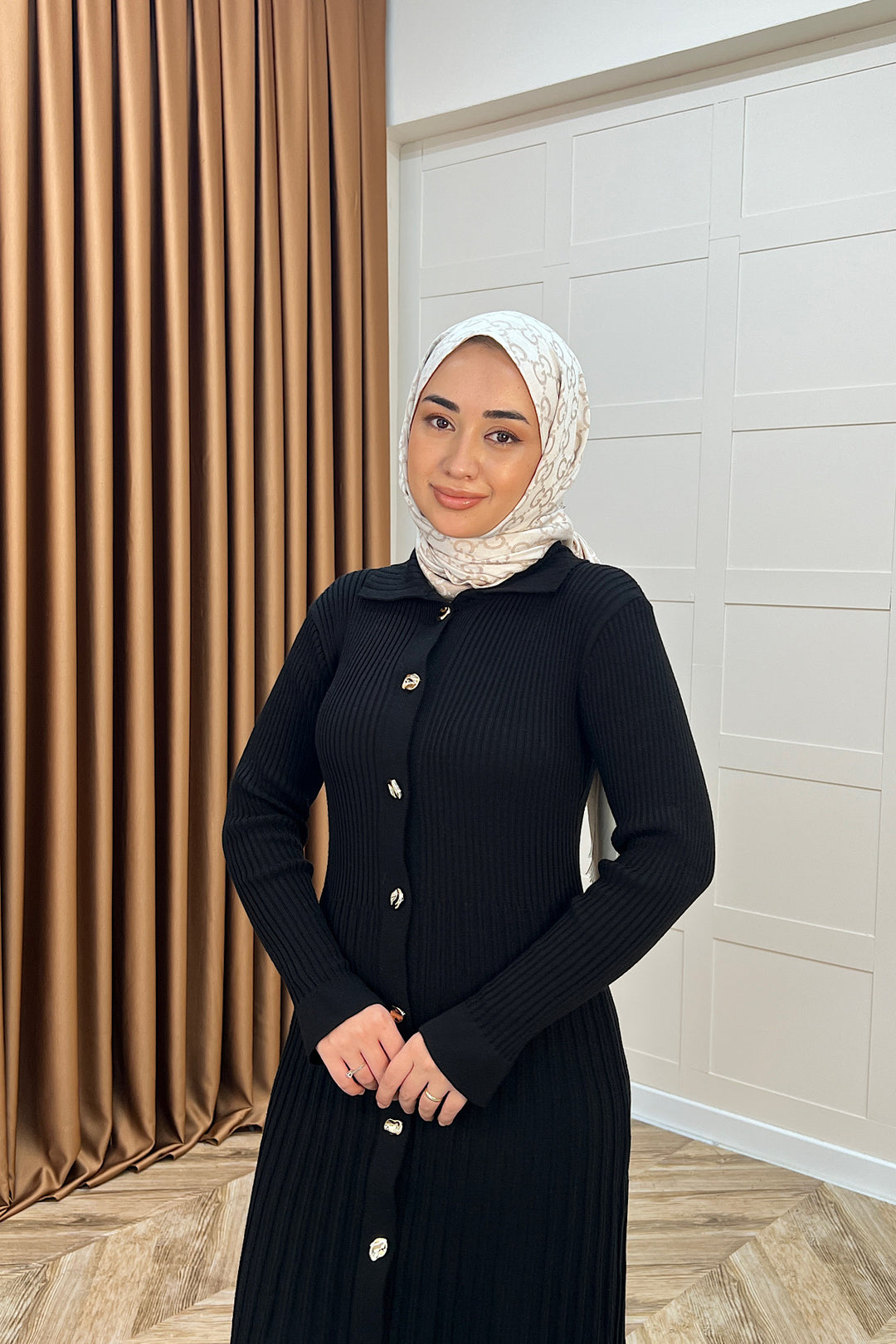 Endam Düğmeli Triko Elbise Siyah 10201-SIYAH