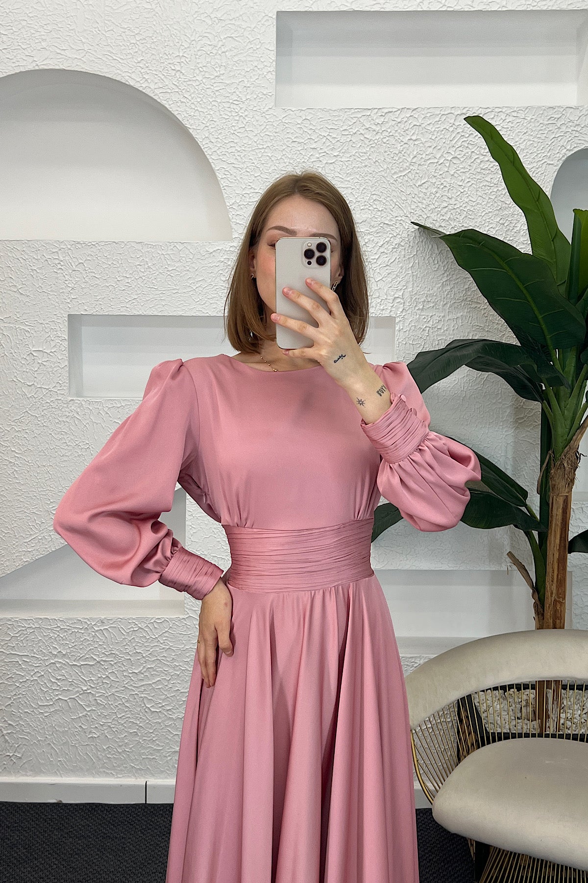 Beli Piliseli Saten Abiye Pembe 04340-PEMBE
