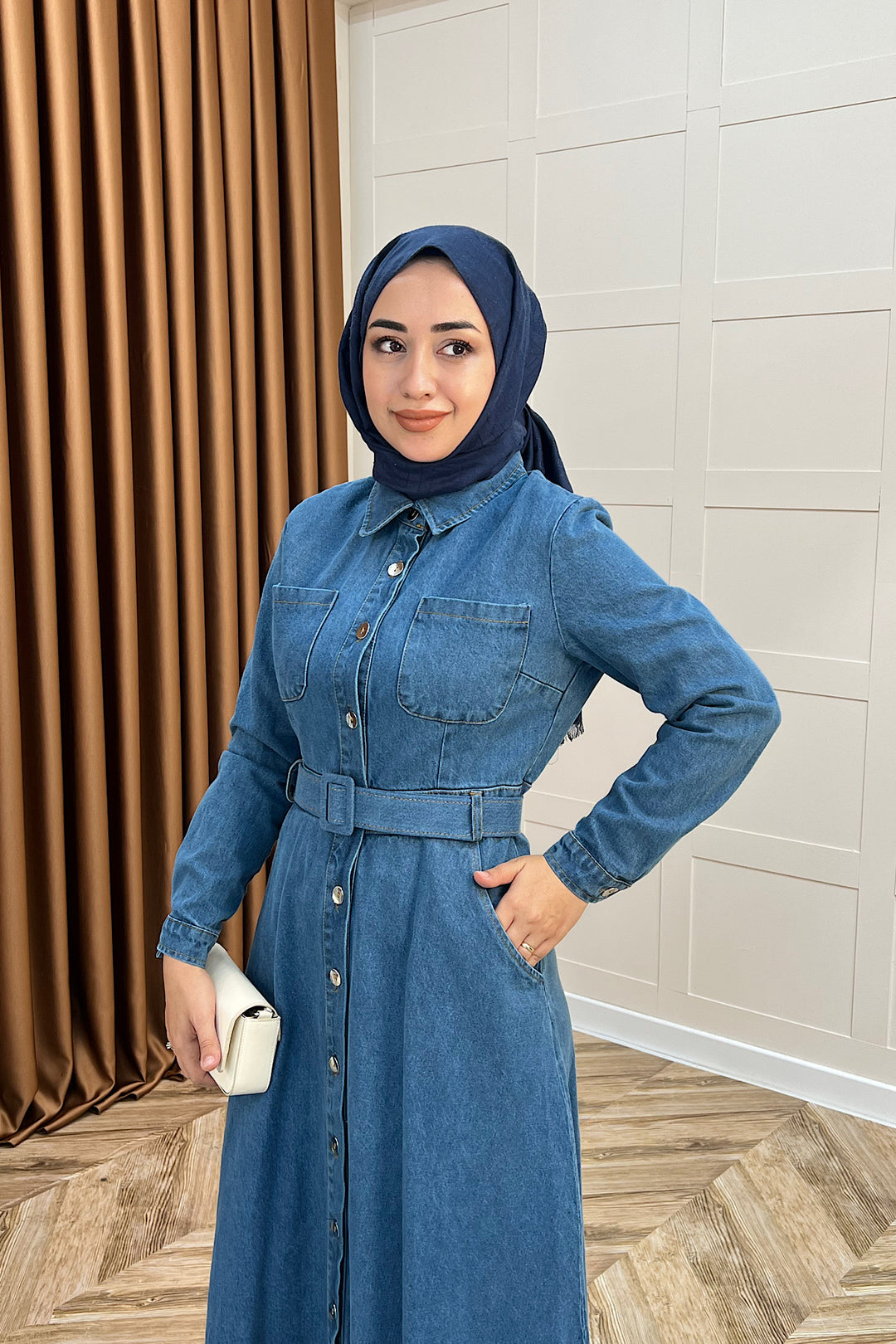 Boydan Düğmeli Kot Elbise Mavi 3022-MAVI