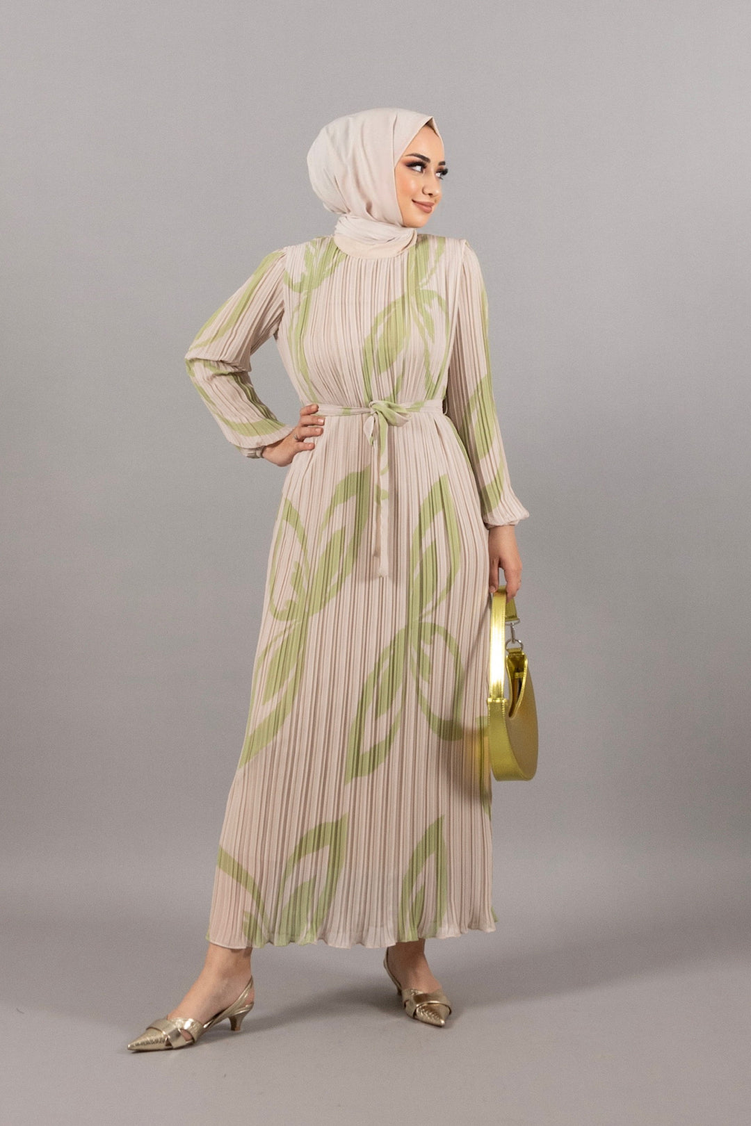 Lara Piliseli Şifon Elbise Yeşil 4963-YESIL