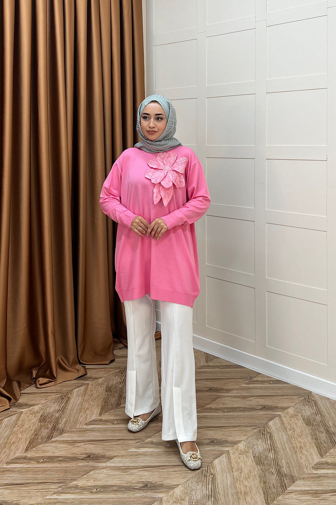 Merserize Çiçekli Triko Tunik Pembe 2550-PEMBE