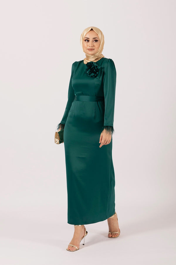 Broş Detay Saten Abiye Zümrüt 4892-ZUMRUT