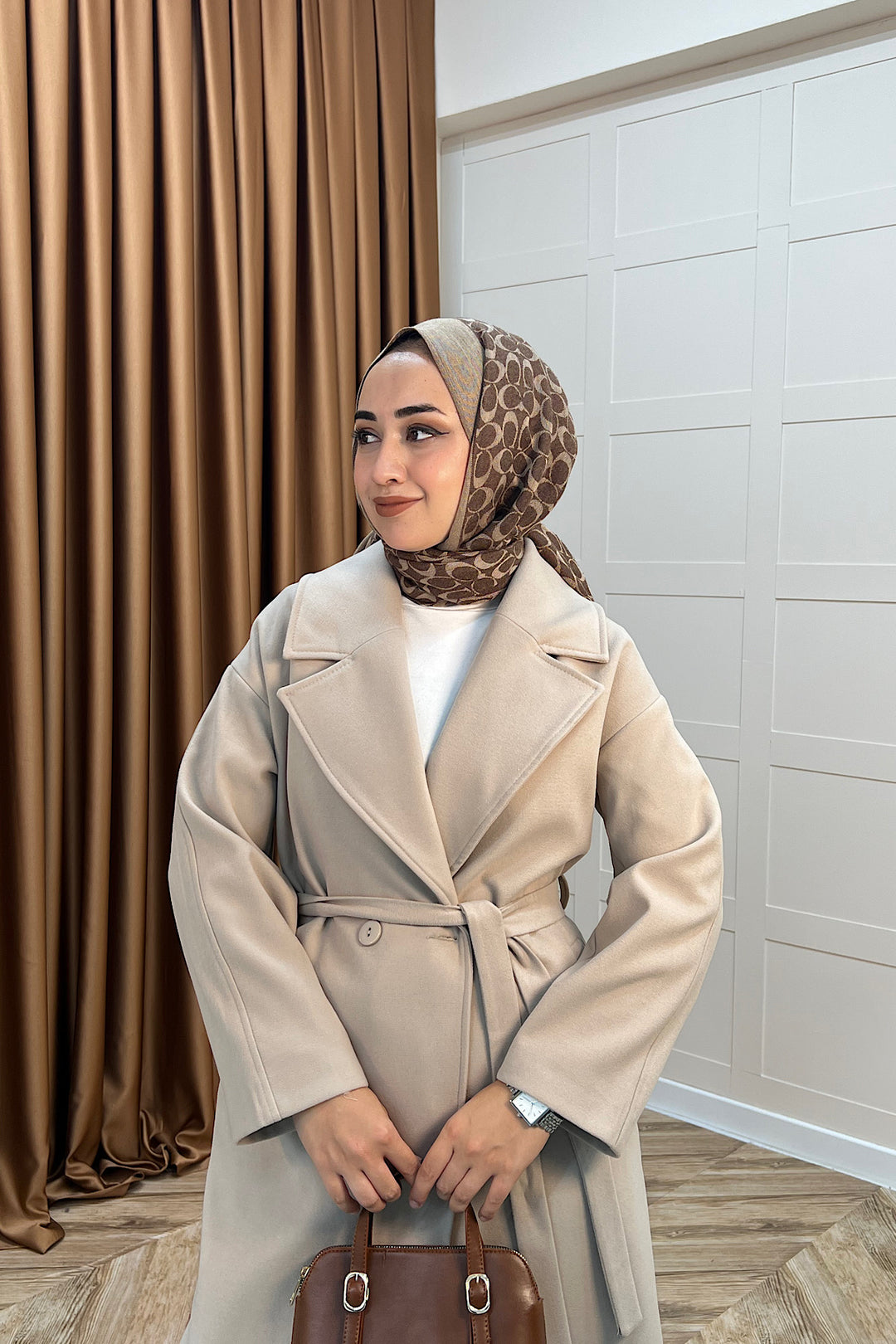 Retro Premium Kumaş Uzun Kaşe Kaban Taş 5509-TAS