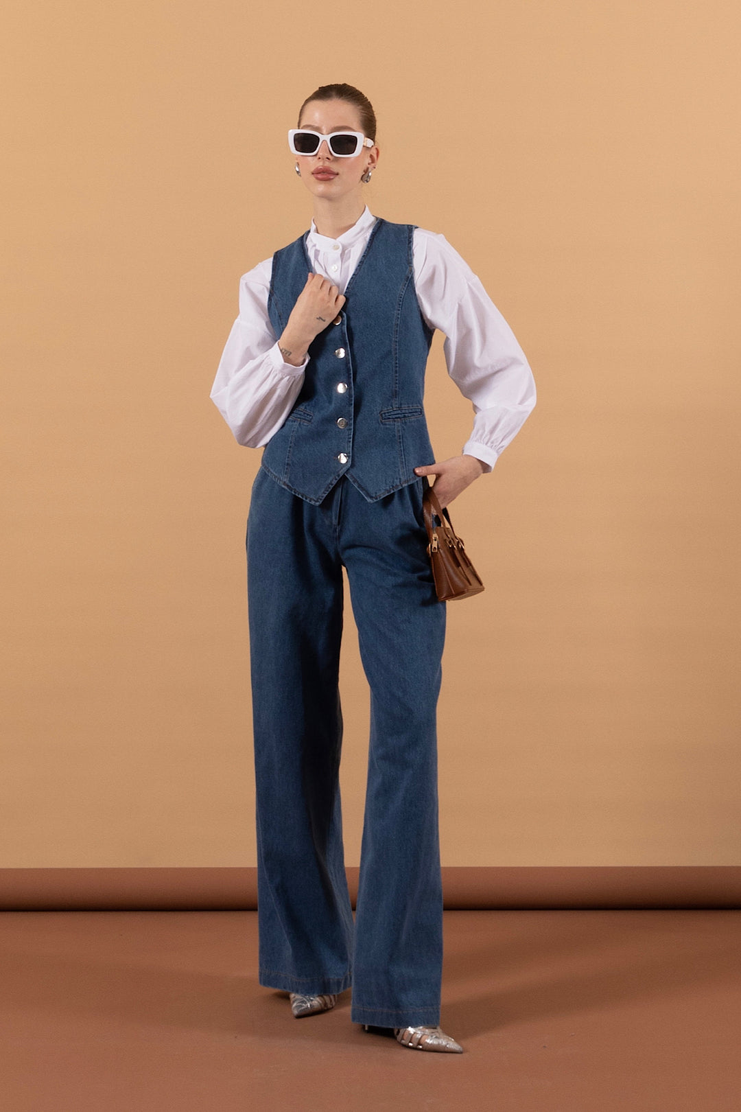 İkili Denim Yelek Takım Mavi 6190-MAVI