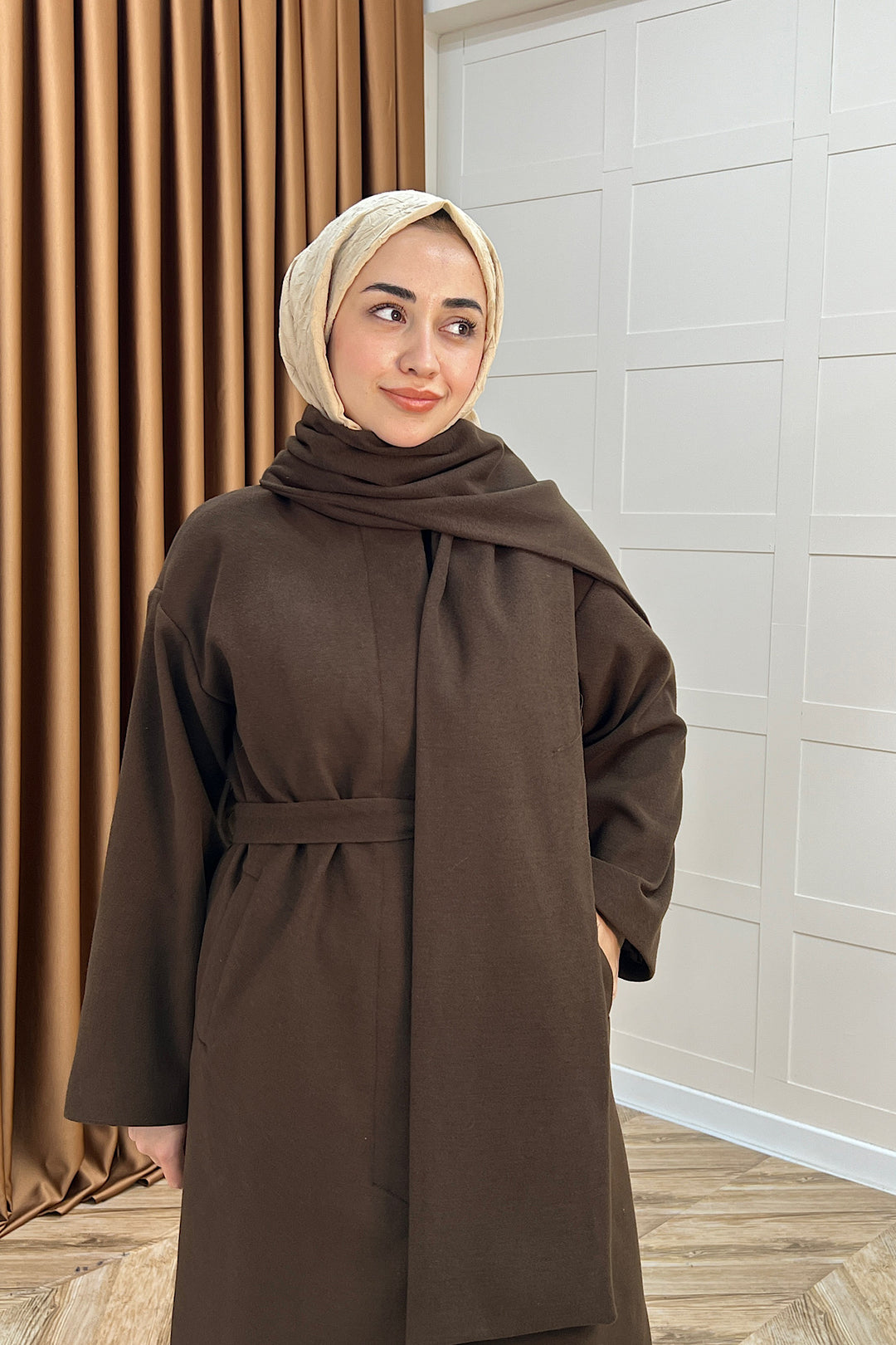 Siena Atkı Detay Kaşe Kaban Kahverengi 5530-KAHVERENGI