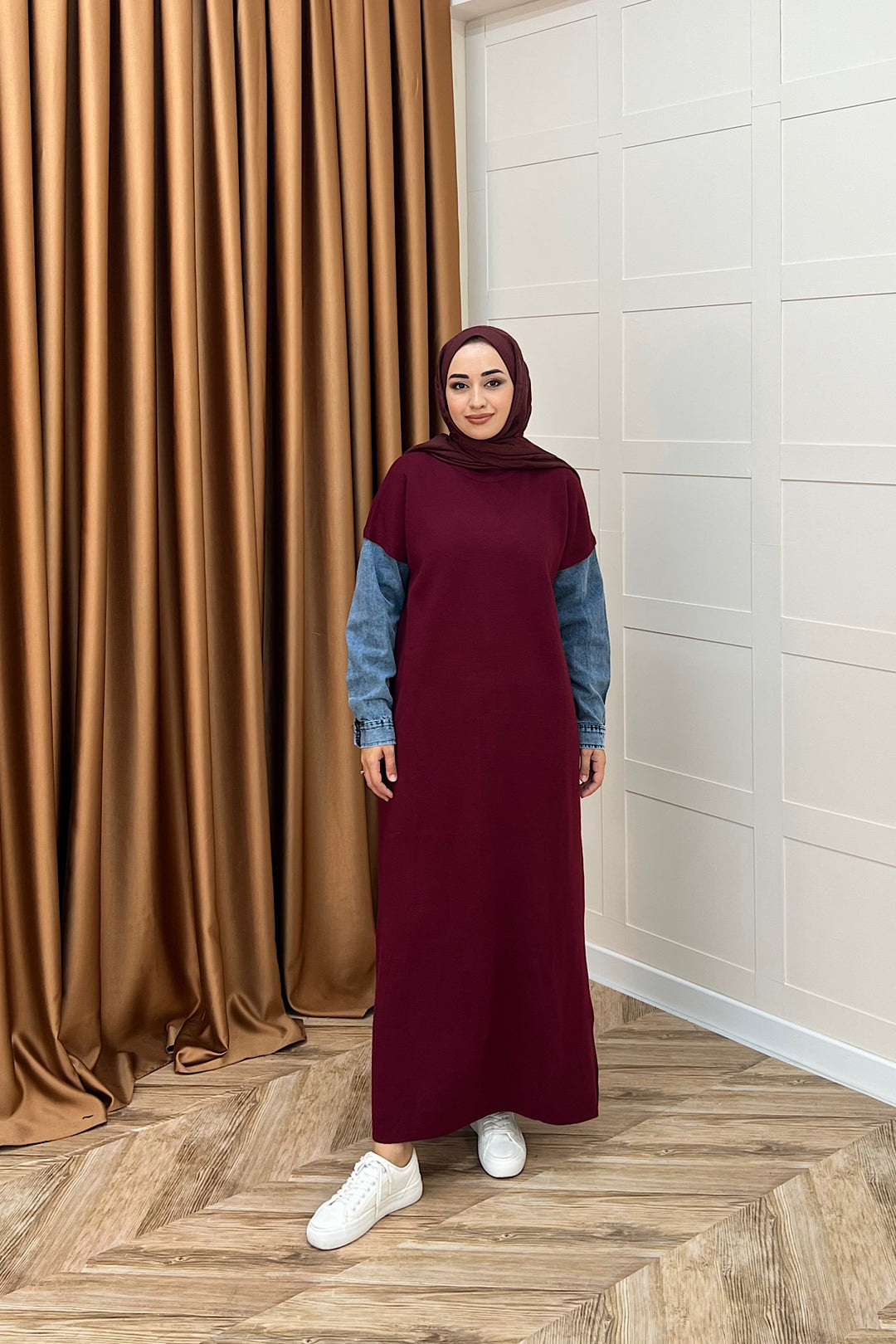 Kolları Kot Detay Triko Elbise Bordo 241200-BORDO