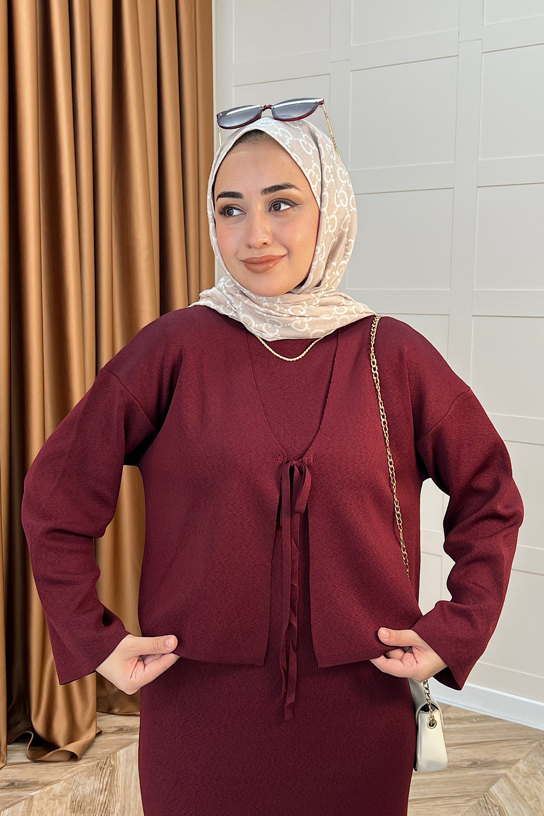 Ester Croplu İkili Triko Elbise Bordo 25160-BORDO