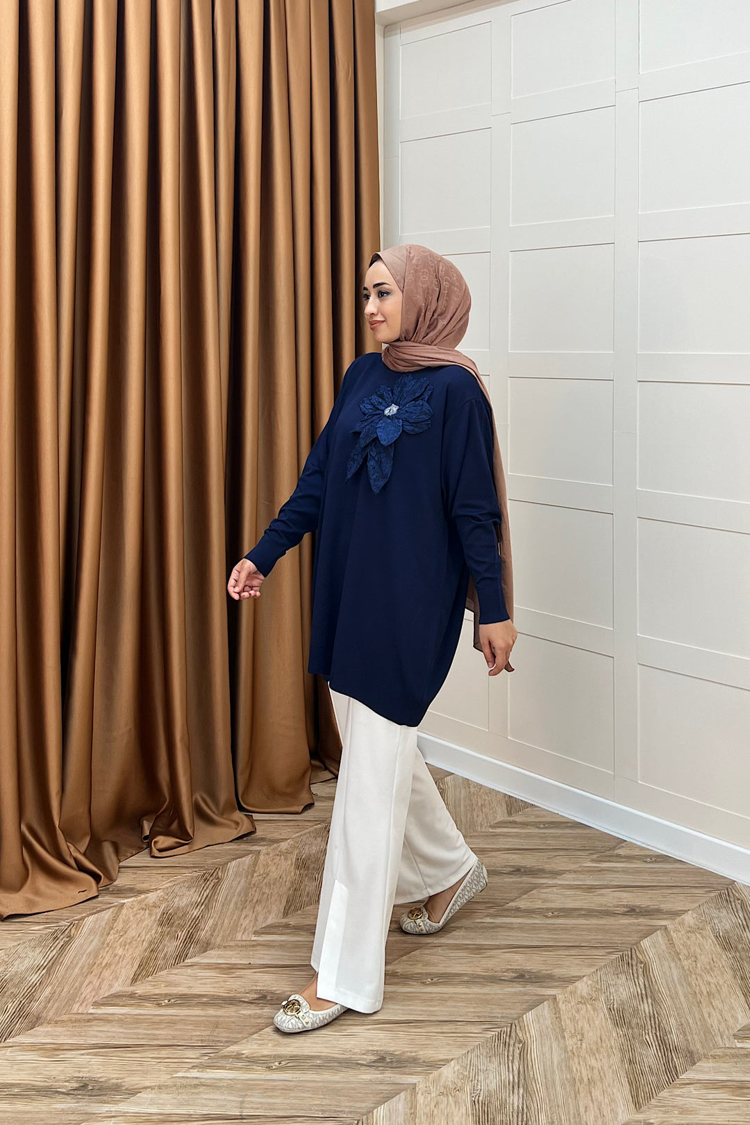 Merserize Çiçekli Triko Tunik Lacivert 2550-LACIVERT