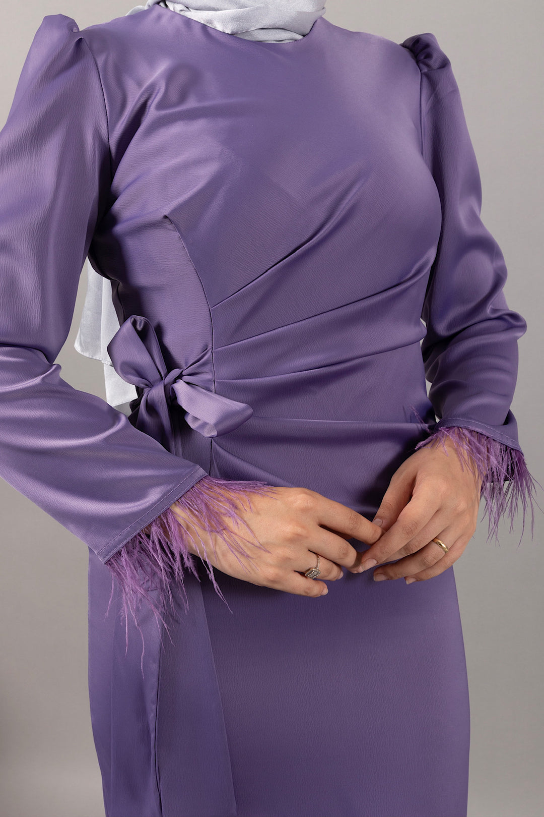 Kol Saçaklı Saten Abiye Lila 4897-LILA