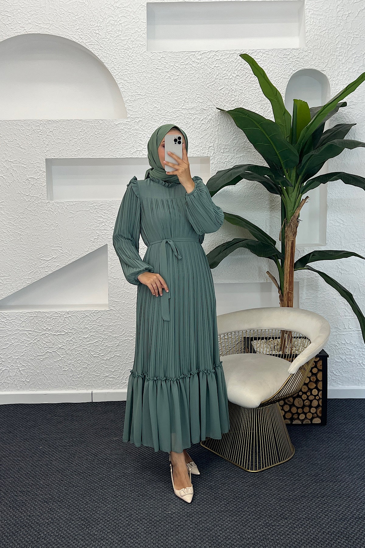 Bella Piliseli Şifon Elbise Mint 04670-MINT