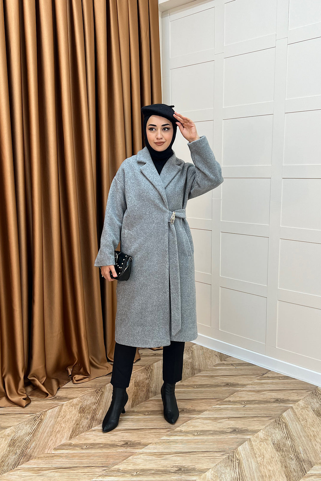 Yaren Premium Kumaş Broş Detay Kaban Gri 5511-GRI