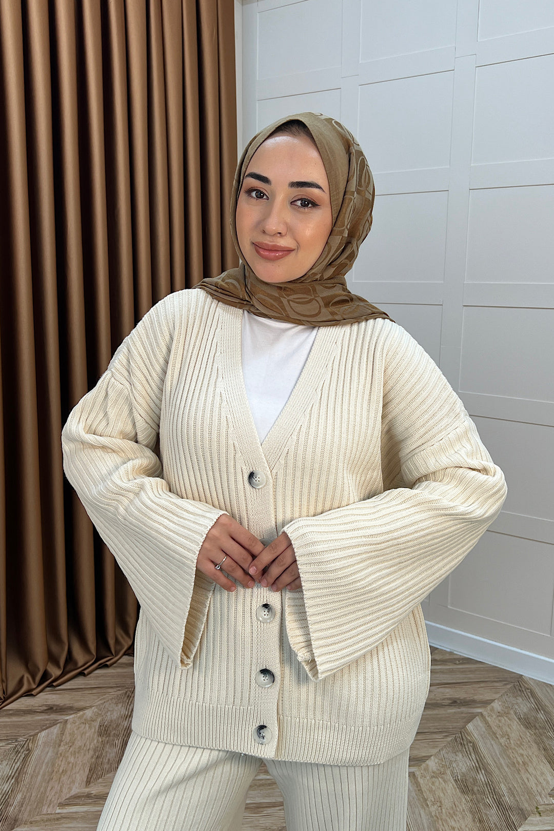 Galata Fitilli Triko Hırka Takım Krem 25630-KREM