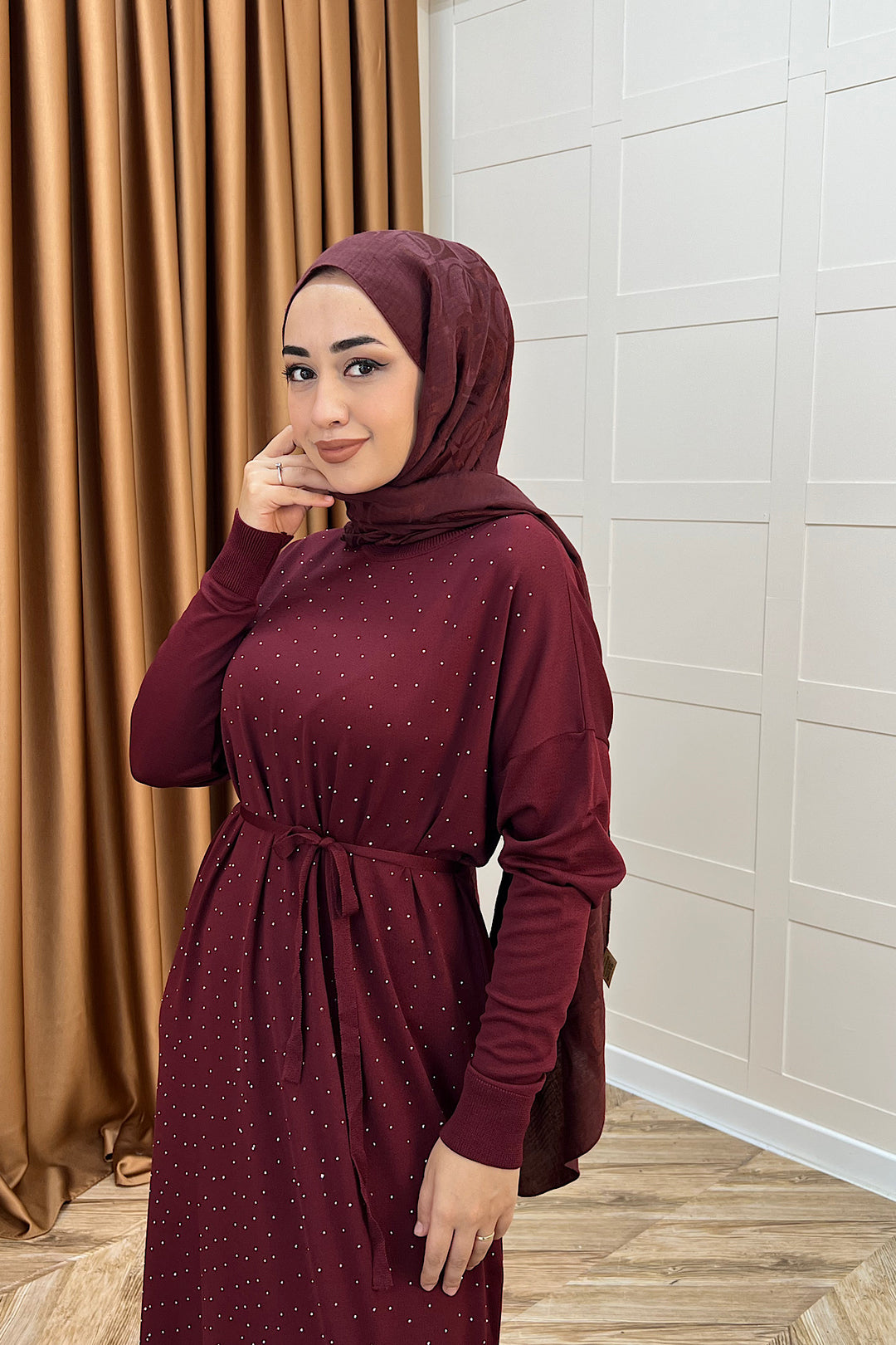 Mabel Taşlı Triko Elbise Bordo 25270-BORDO