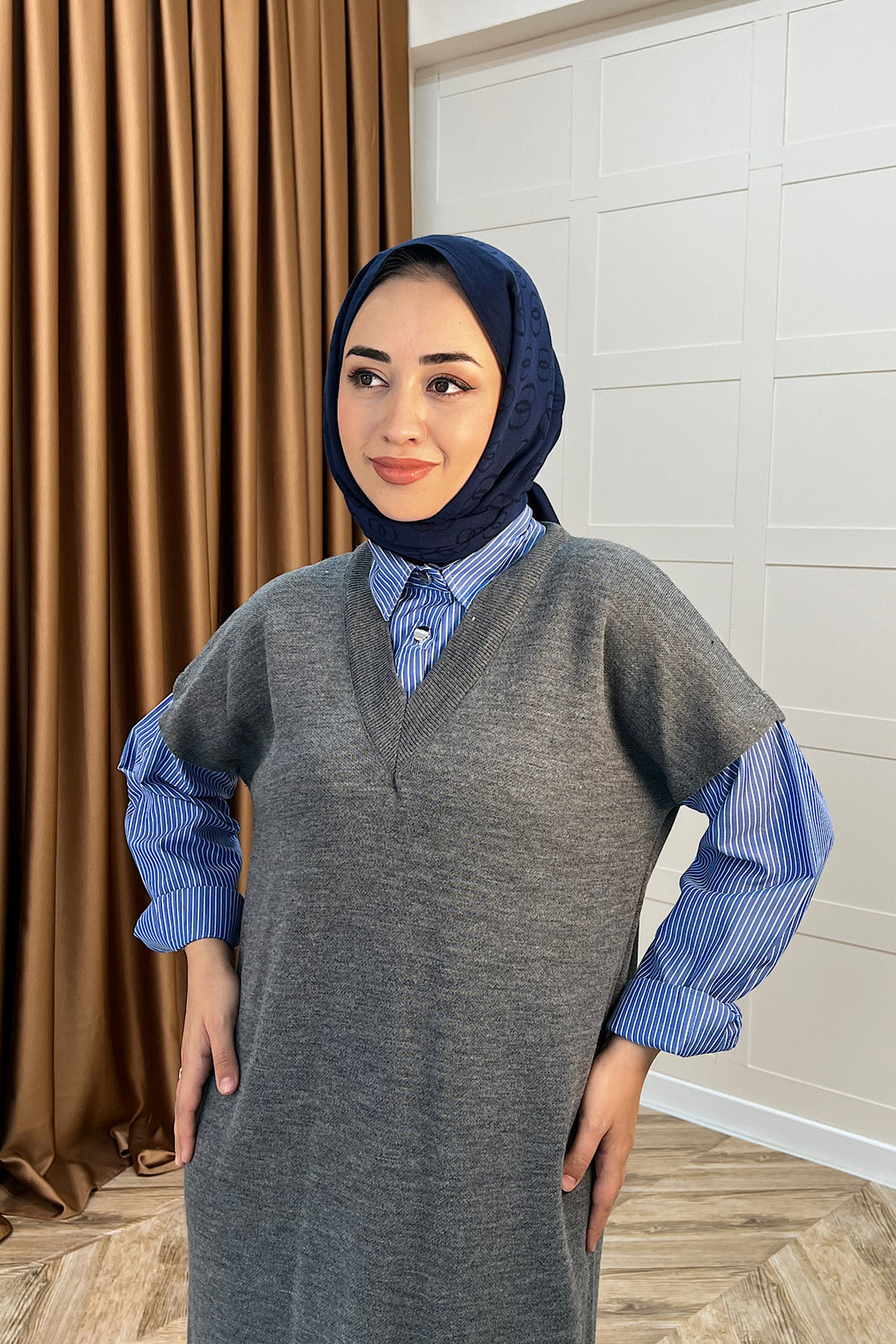 Samira Gömlek Detaylı Triko Elbise Gri 241110-GRI
