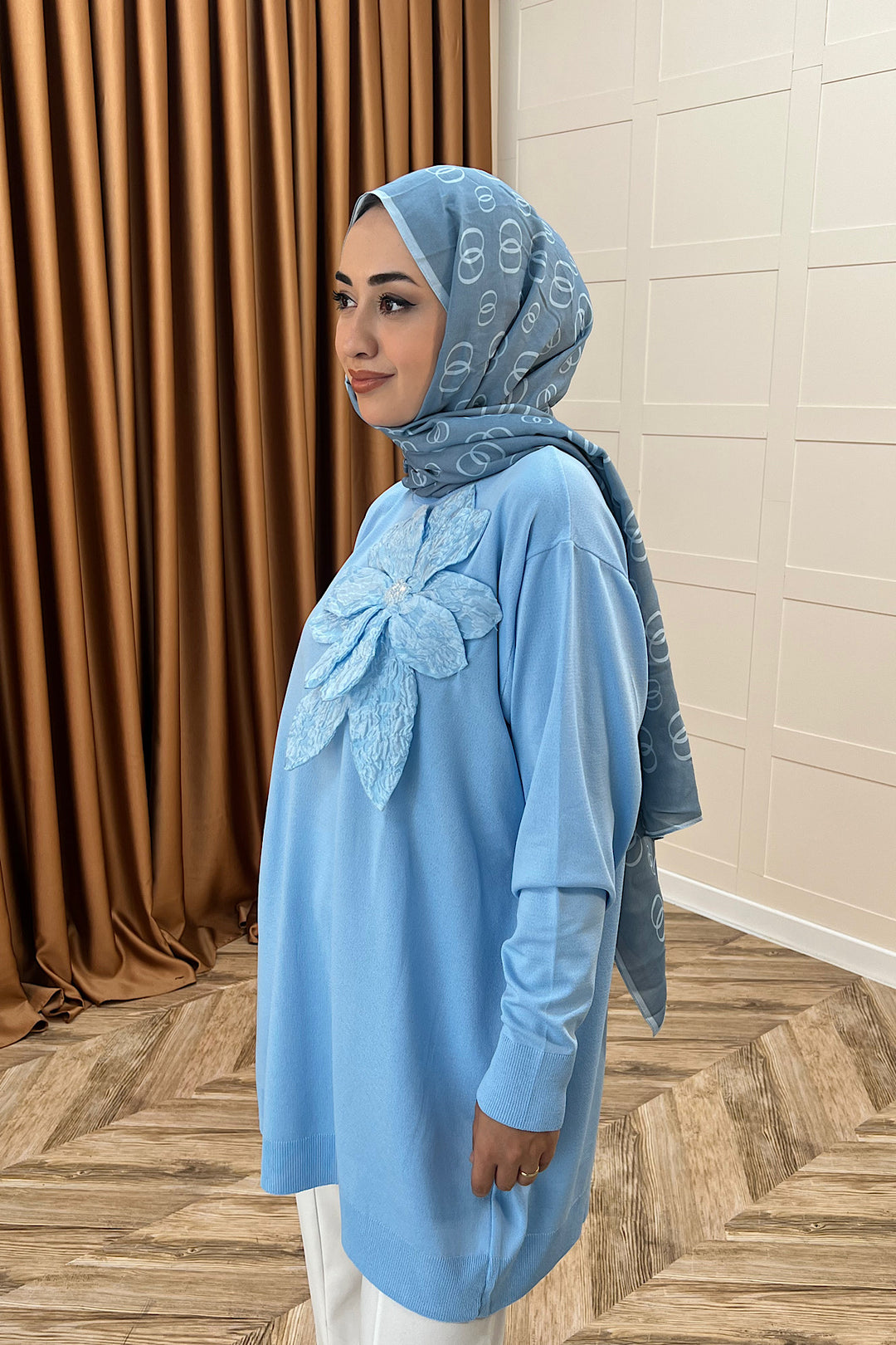 Merserize Çiçekli Triko Tunik Mavi 2550-MAVI