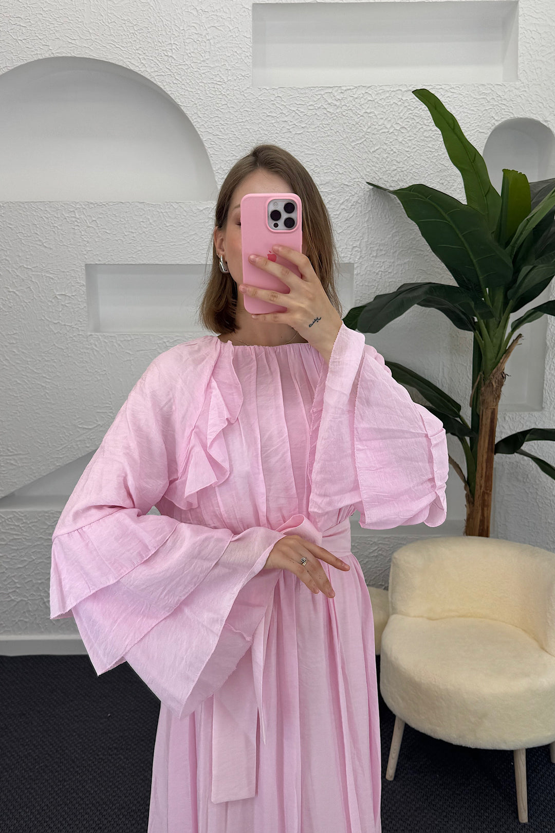Lio Fırfır Detay Elbise Pembe 3370-PEMBE